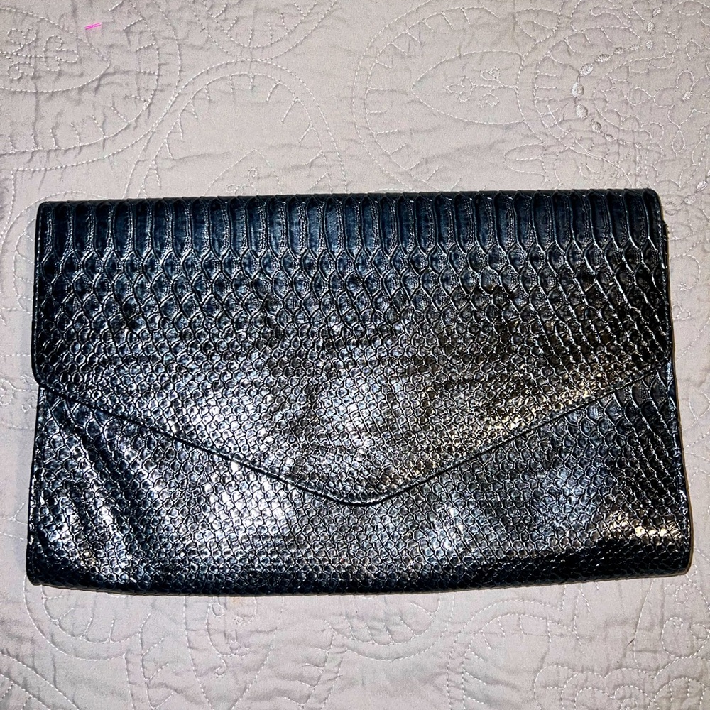 Giannini Black Snakeskin Faux Leather Clutch Bag~~Envelope Style Dark Blue